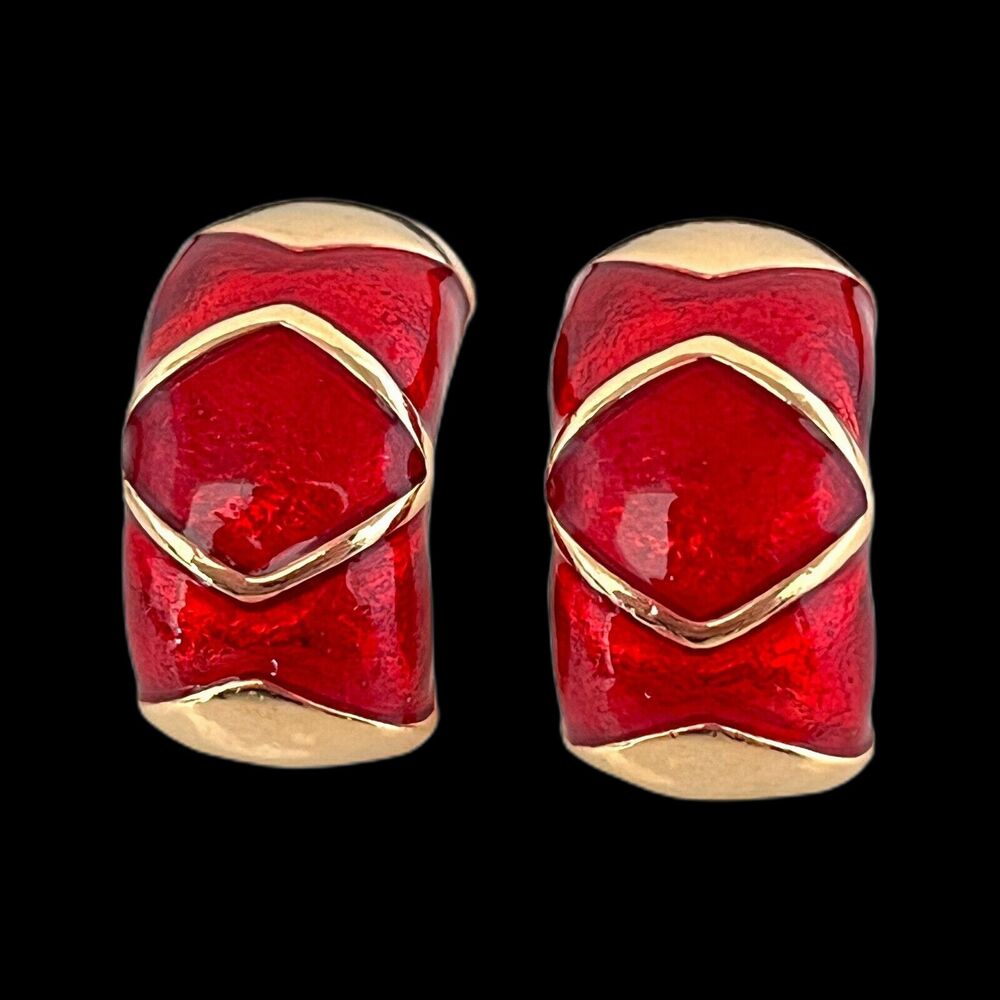 Vintage Designer Earrings Half Hoop Gold Tone Red Enamel Pierced 2G